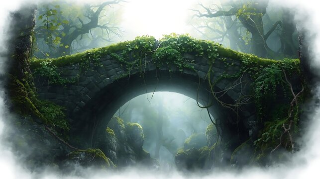 Mystical moss covered stone arch bridge in a forest