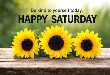 Obraz premium Bright yellow sunflowers on wooden surface with happy saturday motivational quote for positivity and selfcare