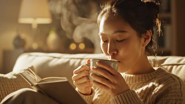 Young woman reading a book and holding a warm mug of steaming beverage, cozy indoor atmosphere with soft golden light, relaxation and hygge concept