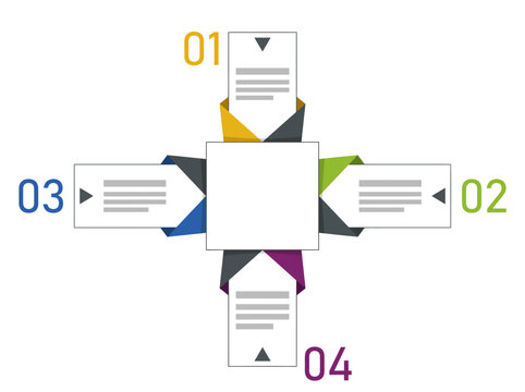 Modern 4-step business infographic with central hub and numbered colorful tabs for workflow visualization.