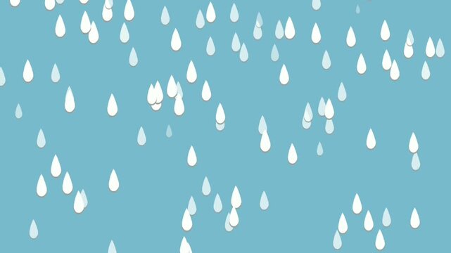 Minimalist flat animation of white stylized raindrops falling vertically against soft blue background for weather concept.