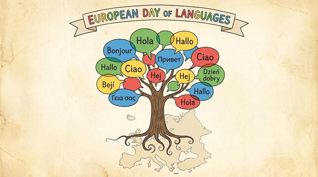 European Day of Languages tree with multi-lingual bubbles.