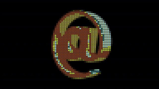 Pixel Art Retro Style At Symbol Icon with ASCII STYLE Blue Yellow and Red Mosaic Pattern on Transparent Background 