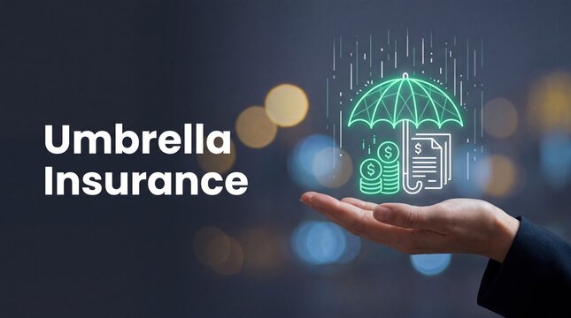 Business professional holding digital umbrella insurance icon. Cybersecurity and financial protection concept with futuristic tech shield.