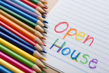 Fototapeta premium Colorful Pencils Spell Out 'Open House' on Lined Paper, Ideal for Real Estate Marketing