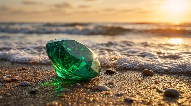 A brilliant faceted green emerald gemstone rests on a wet sandy beach as gentle waves roll in during a warm, golden sunset.