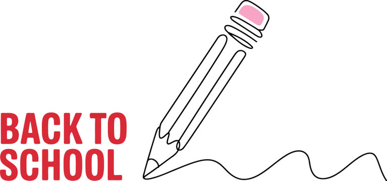 Single line of a pencil with pink eraser writing the words Back to School on Transparent Background