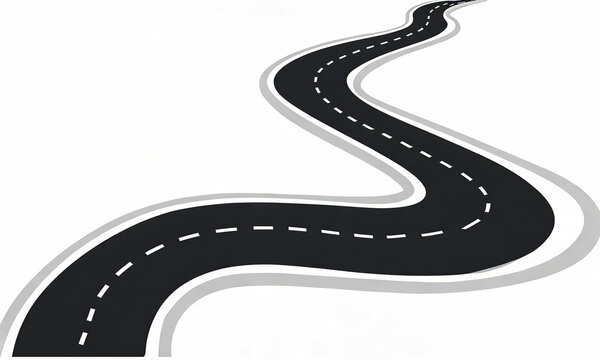 A flat graphic illustration of a winding asphalt road with dashed lane markings, isolated on a plain white background.