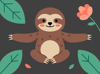 Fototapeta premium Cute Sloth Vector Illustration with Tropical Leaves and Pink Flower on Dark Background