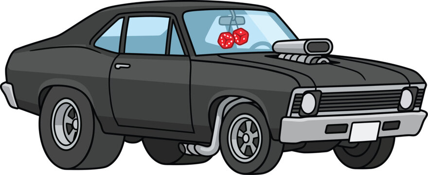 Black classic muscle car dragster with engine blower and fuzzy dice vector illustration