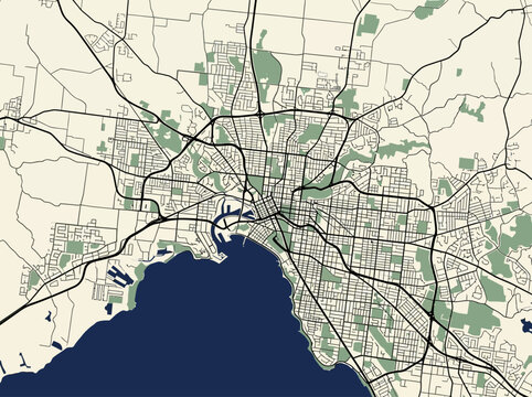 Minimalist Vector Map of Melbourne Australia City Streets and Port Phillip Bay
