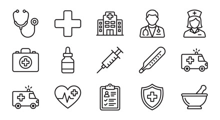 Fototapeta premium Medical and healthcare icon set featuring hospital and equipment symbols healthcare hospital stethoscope