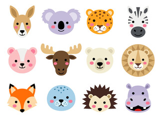 Fototapeta premium Set of 12 Cute Cartoon Animal Face Icons - Vector Illustration for Kids and Nursery Decor