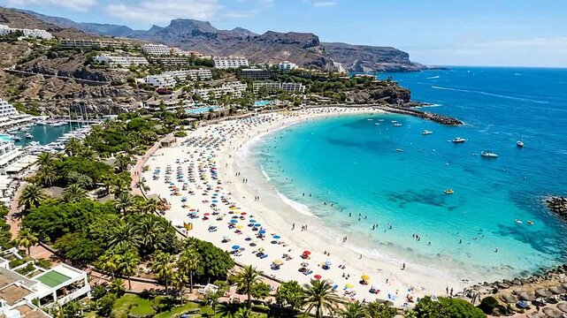 Beautiful Beach Scene with Clear Blue Water and Sun Loungers