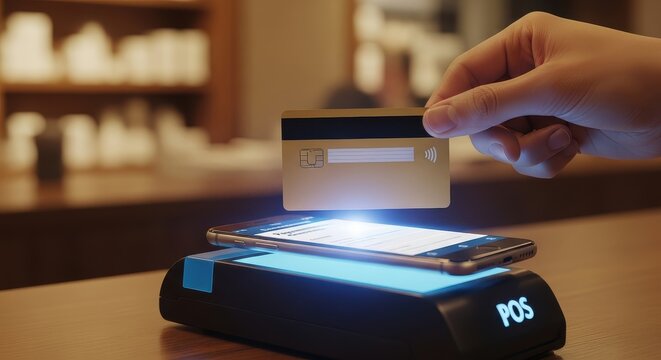 Close-up of a Person Making a Contactless Payment Using a Credit Card and Smartphone on a POS Terminal in a Store