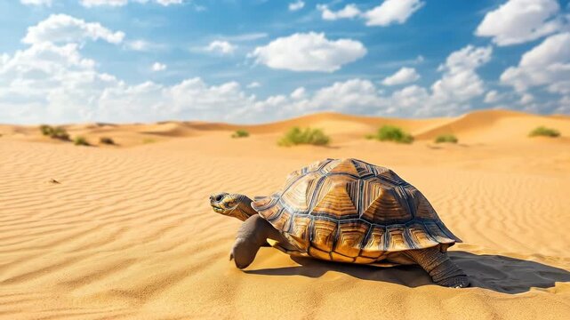 Majestic tortoise slowly traversing golden sand dunes under a clear blue sky.