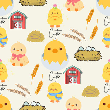 Cute yellow chick and farm barn seamless pattern for kids room decoration