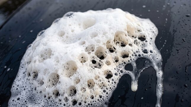 Car wash soap foam mid collapse with popping bubbles and deflating structure, macro scientific automotive photography