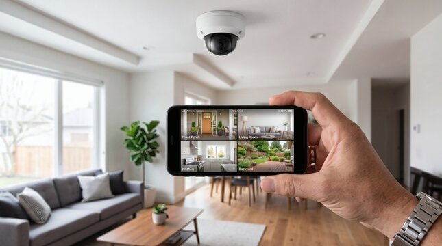 Home security camera system viewed on smartphone with live feed of multiple rooms.