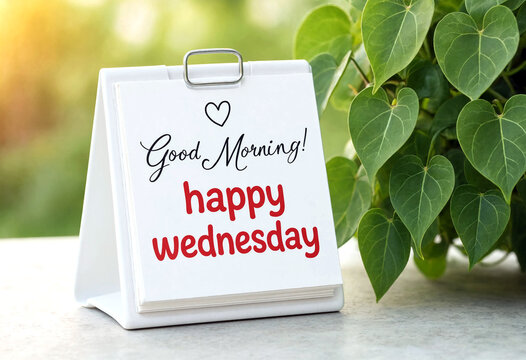 Inspirational happy wednesday greeting card with good morning message and green plant leaves