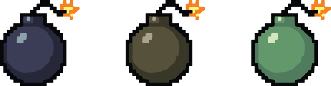 Classic eight bit style explosive bomb icons in different colors for digital game assets and design.