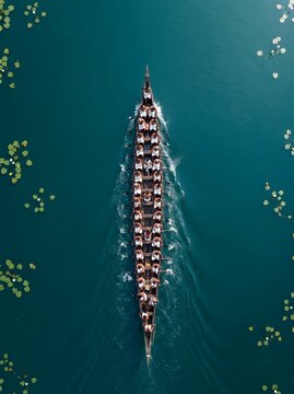 Aerial view of a traditional Kerala snake boat race during Onam festival, featuring oarsmen rowing in unison across calm backwaters with lilies for cultural travel.