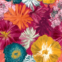 Obraz premium Stylized seamless pattern with tropical flowers and leaves. Rich texture and dynamic shapes make it perfect for textiles, packaging, and interior design projects 