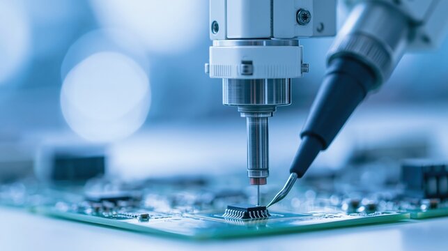 Automated robotic arm precisely places microchip on printed circuit board in high-tech manufacturing