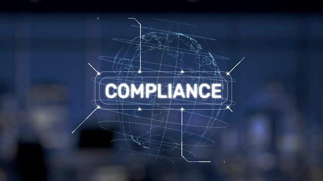 A robotic hand points towards the concept of compliance, surrounded by digital icons representing regulation, governance, and policies, highlighting technological advancement in industry. Synapse