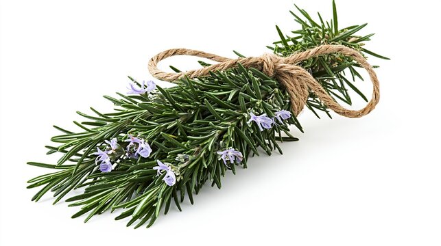 Fresh Sprigs of Rosemary Herb with Tiny Purple Flowers Tied with Twine on White Background