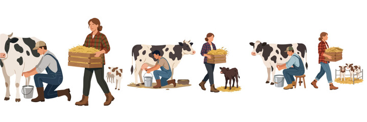 Fototapeta premium Vector illustration set of farmers milking cows and carrying hay on a dairy farm
