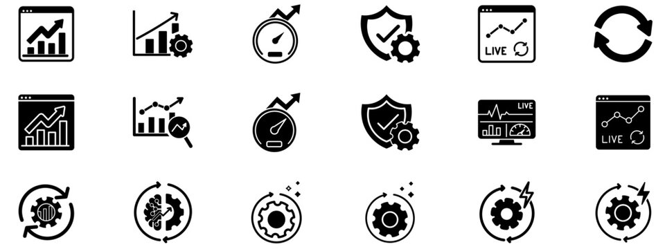 Business analytics and continuous improvement icon set. Symbols of data growth, dashboard metrics, live monitoring, shield security, settings, and workflow optimization vector icons.