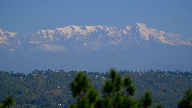 Snow capped Himalayan peaks Nanda Devi and Trishul in Kumaon Uttarakhand.