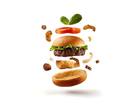 Exploded View of a Delicious Burger with Fresh Ingredients Floating.