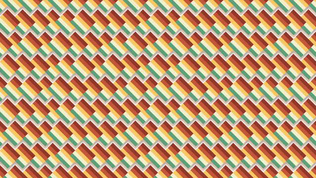 Seamless woven stripe pattern, diagonal red orange green cream interlaced tiles