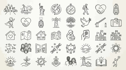A diverse collection of hand-drawn line art icons depicting themes of travel, family, nature, peace, and personal growth, suitable for various graphic design projects. © handaka