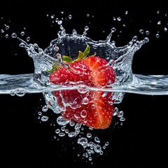 Fresh strawberry bursting in water splash. Ripe red berry exploding with juicy droplets for vibrant summer visuals. © Surya