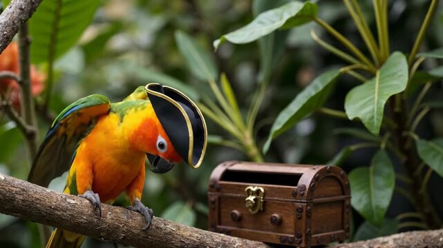 A vibrant parrot in a pirate hat curiously inspects a small wooden treasure chest.