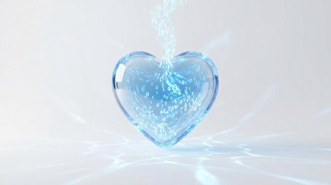 Glowing blue digital heart made of data bits.