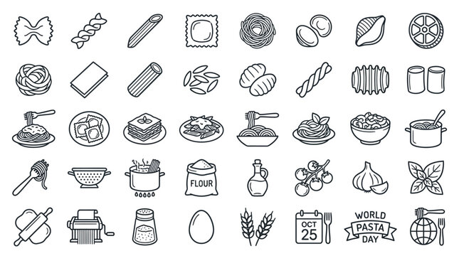 A comprehensive set of black and white line icons illustrating various pasta shapes, cooking ingredients, prepared pasta dishes, and kitchen tools.