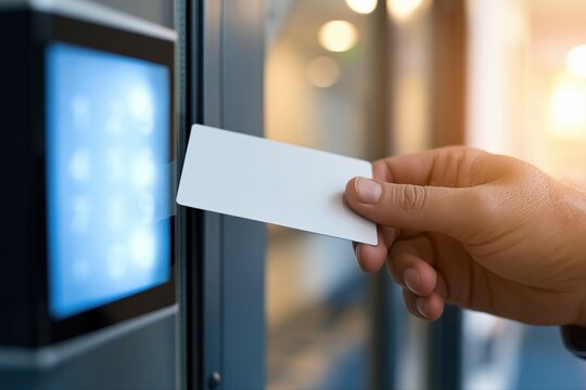 Close-up of a hand holding an access control card to an electronic key card reader for entry or authentication