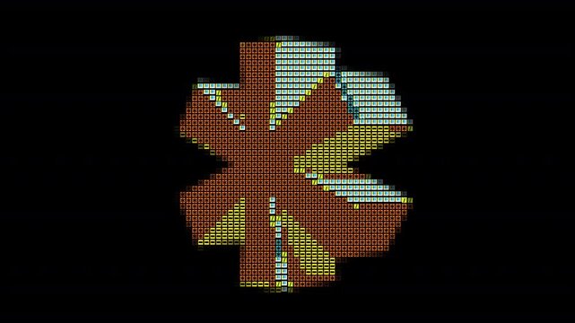 Pixel Art Retro Style Four Petal Flower Shape with ASCII STYLE Blue Yellow and Red Mosaic Pattern on Transparent Background