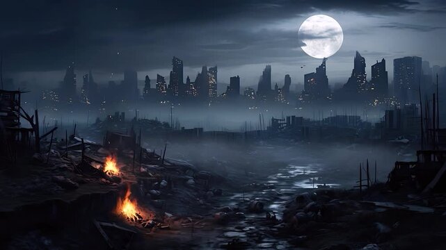 Apocalyptic Cityscape at Night: A desolate and ruined city under a full moon, with fires burning in the rubble and a murky river flowing through the debris-strewn landscape.