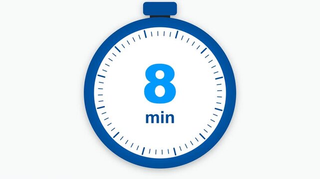 Blue stopwatch icon showing eight minutes timer on white background