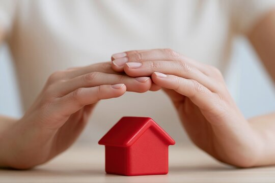 Hands protecting a small red house, symbolizing homeownership security, real estate investment, and family safety