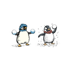 Fototapeta premium Vintage Hand-Drawn Penguin Holding a Snowball Illustration