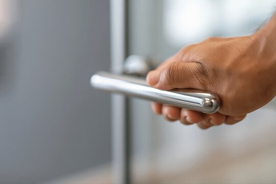 Close-up of a man's hand gripping a sleek, modern metal door handle, about to open or close an office entrance