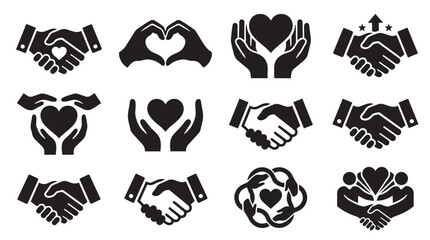 Fototapeta premium Set of black silhouette icons depicting unity heart shapes and handshakes with handshake, partnership