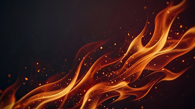 Dynamic flames dance across a dark background. The fiery image showcases intense heat and movement.
