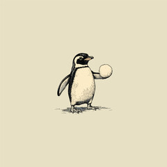 Fototapeta premium Vintage Hand-Drawn Penguin Holding a Snowball Illustration